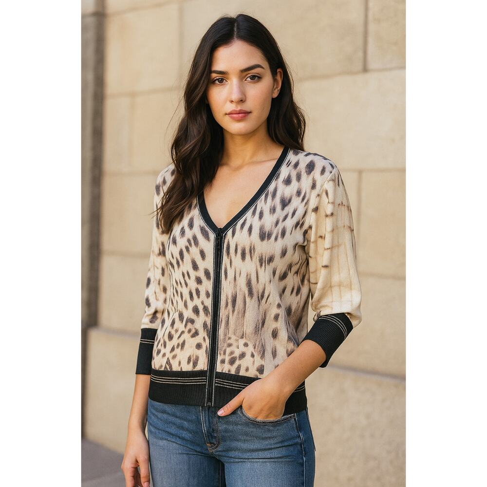 Roberto Cavalli Animal Leopard Print Cardigan Silk Cashmere IT 42 US 6 Luxury - Picture 3 of 14